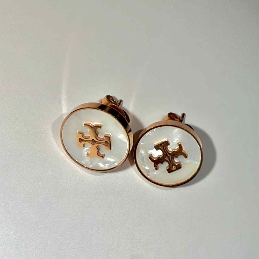 Tory Burch Gold and White Logo Earrings